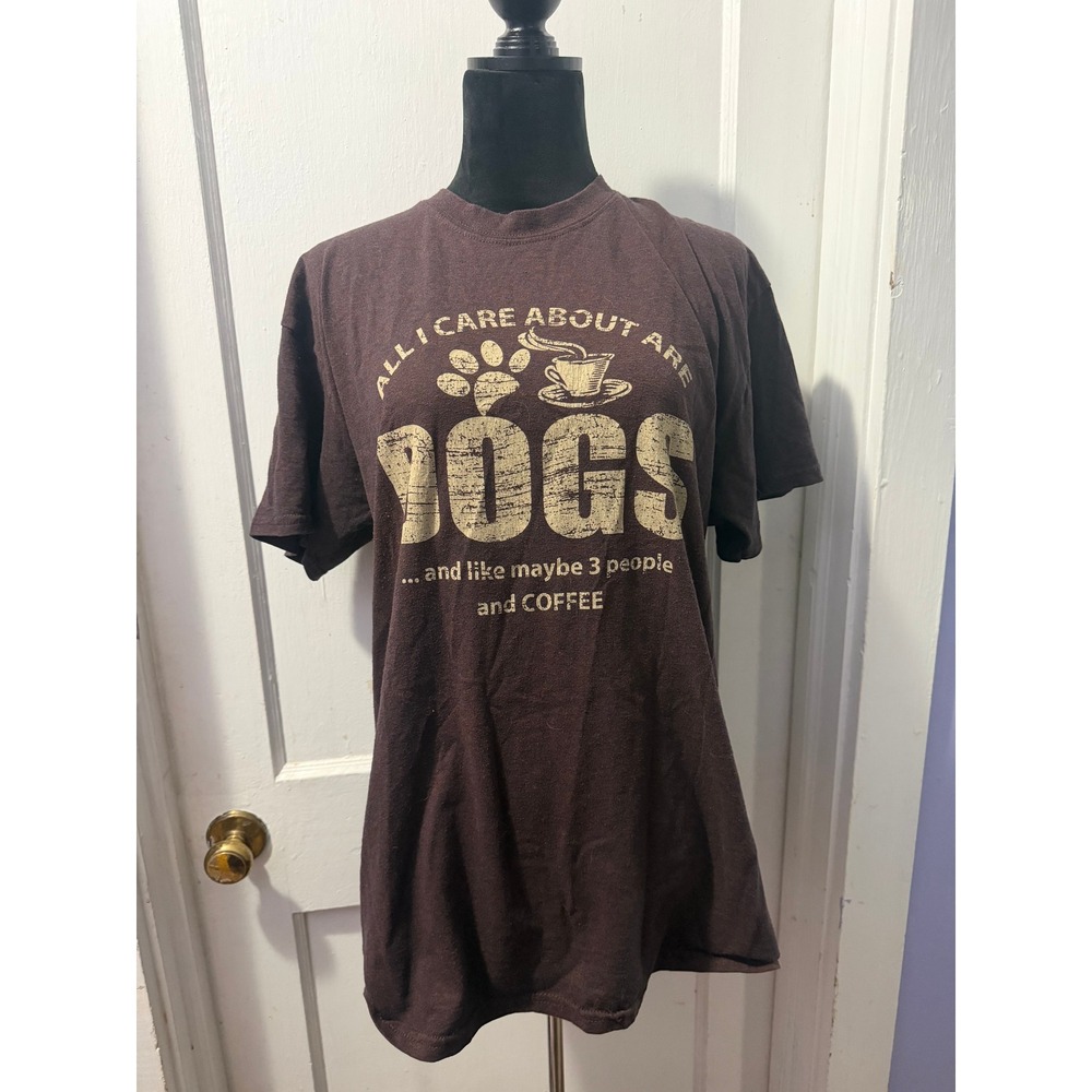 Gildan All I Care About Are Dogs Coffee Graphic Tee Brown Heather Medium